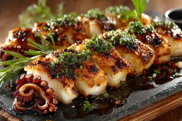 closeup grilled squid, basil leaves on it