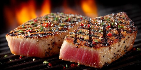 two sizzling pink tuna steaks on the grill, against a black background