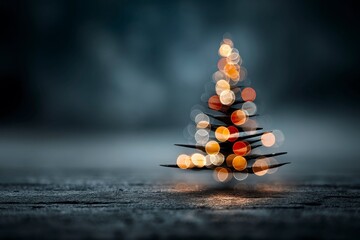 a christmas tree made of blurred lights, creating an abstract and dreamy atmosphere. the background is dark gray with subtle reflections on the floor.
