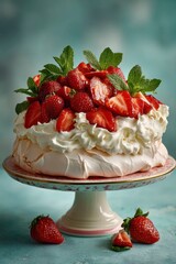 a beautiful and delicious strawberry pavlova cake, decorated with fresh strawberries and mint leaves on top of the cake stand, against a blue background