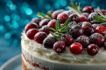 a close up of the cake top, featuring frosted cream and fresh cranberries with rosemary sprigs for decoration. the background is blurred, against an elegant blue bokeh backdrop.