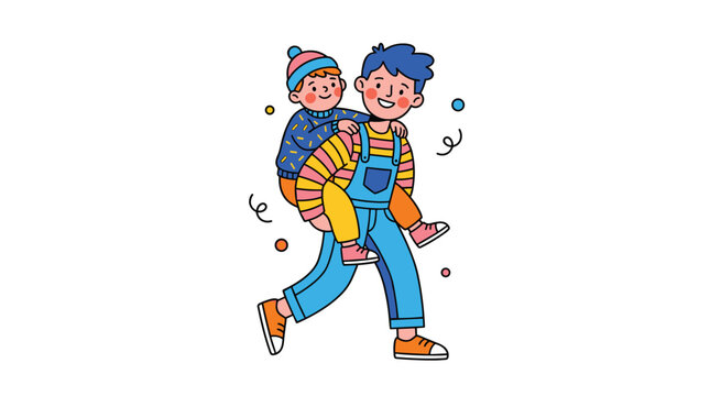 Smiling Sibling Brothers Children Giving piggyback ride and playing happily Childhood fun family relationship Cheerful vibrant cartoon outline illustration Clean white background vector art