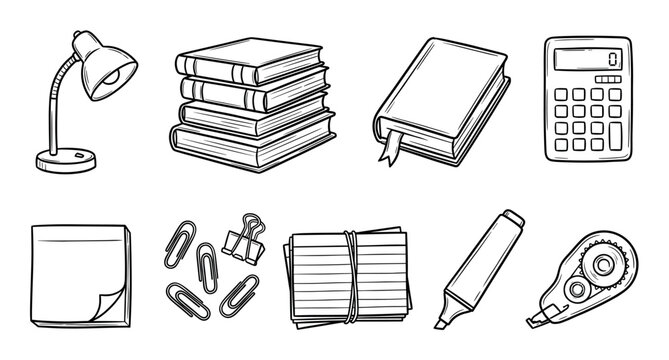 Various hand-drawn black and white study and office supplies are neatly arranged, showcasing a collection of essential educational and work items in a clean, illustrative doodle style