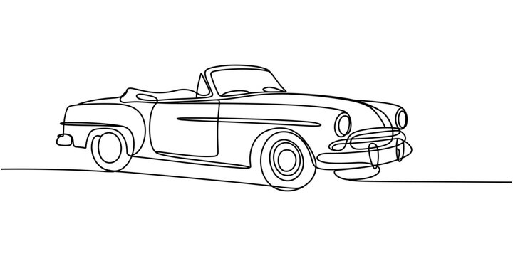 One single line drawing of old retro vintage auto car. Classic transportation vehicle concept. Vintage racing car driving on dusty road. Continuous line draw design illustration