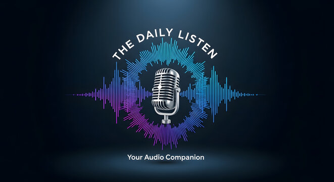 Modern microphone with colorful sound waves for podcasting and audio content