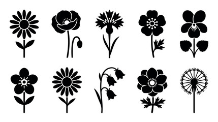 Naklejka premium Various stylized black flower silhouettes are arranged in a clean, graphic collection, showcasing different botanical shapes and forms with a minimalist aesthetic