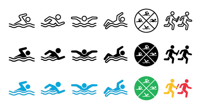 Various swimming and running sport icons illustrating different strokes and a relay race, presented in a clean, graphic, and colorful vector style