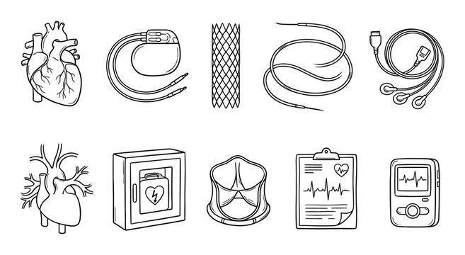 Various medical cardiology devices and human heart illustrations are neatly arranged, depicting essential tools and organs for cardiovascular health in a clean line art style