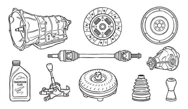 Various automotive transmission and drivetrain components are meticulously illustrated in a detailed black and white line art style, showcasing essential parts for vehicle power transfer