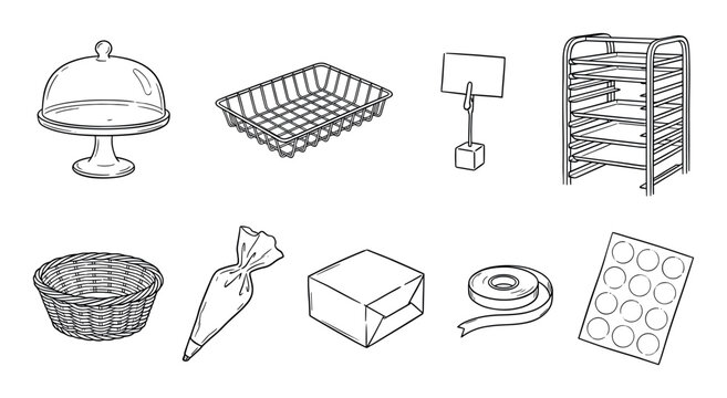 Diverse collection of hand-drawn baking and retail items, including a cake stand, wire basket, piping bag, and display rack, rendered in a clean, minimalist line art style with clear outlines
