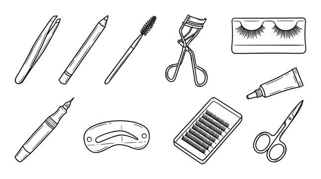Essential beauty tools for eye and eyebrow enhancement are depicted in a clean, detailed hand-drawn outline style, showcasing various cosmetic instruments