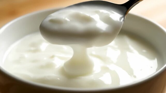 Close-up of creamy yogurt being scooped with a spoon from a white bowl