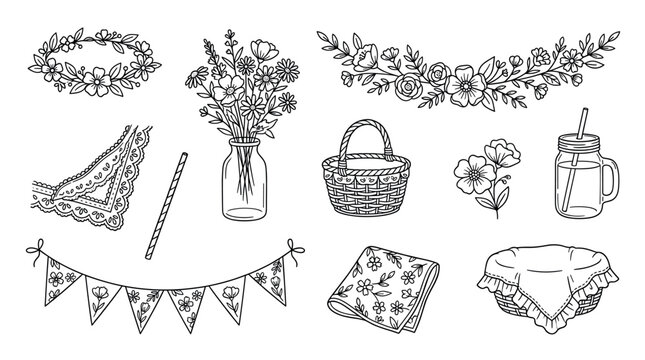Charming collection of hand-drawn spring and picnic themed illustrations, featuring floral wreaths, a bouquet, baskets, and a mason jar, presented in a clean outline style