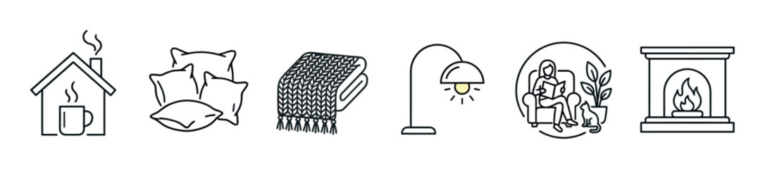 Collection of cozy home comfort line art icons depicting various elements of warmth, relaxation, and domestic bliss in a clean, minimalist style