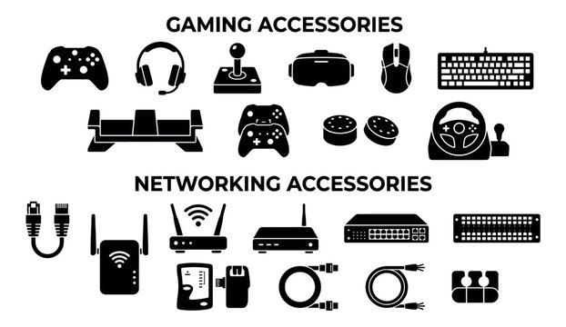 Collection of black silhouette icons representing gaming and networking accessories is clearly depicted, showcasing essential digital technology equipment with a clean, minimalist graphic style