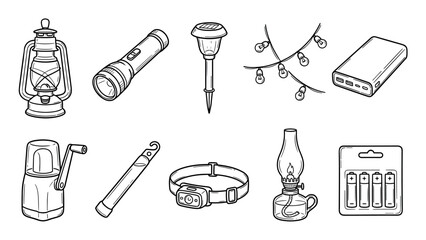 Collection of hand-drawn outline illustrations featuring essential lighting and power sources, including lanterns, flashlights, and batteries, rendered in a clean, graphic style