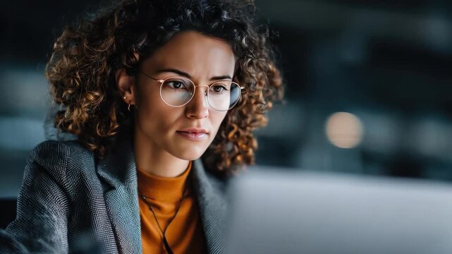 Focused Determination: A serious and intelligent woman, engrossed in her work, illuminated by the glow of a computer screen, exemplifies the spirit of productivity and concentration.