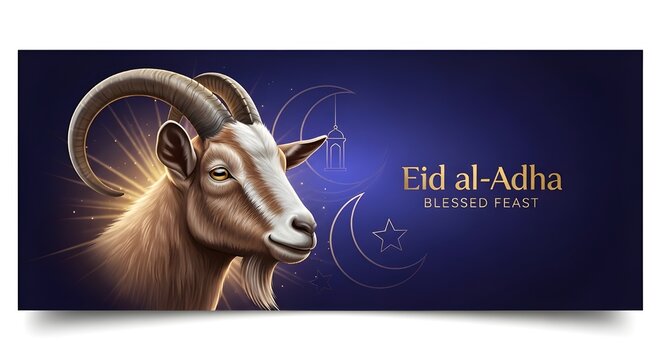 Eid al-Adha Blessed Feast banner, sacrificial goat with curved horns on dark blue background, Islamic holiday celebration greeting card