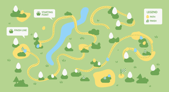 Stylized map of an Easter egg hunt with a winding path, starting point, finish line, lake, and various hidden eggs among green bushes and clouds.