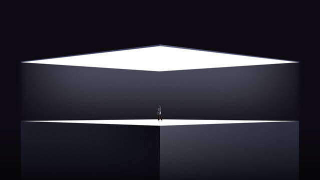 Futuristic composition professional standing on elevated geometric platform. Concept of career promotion, executive positioning, leadership visibility and strategic business advancement.