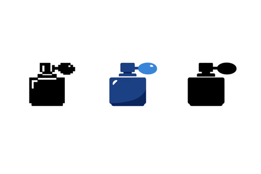 Collection of three perfume bottle icons in different styles, including pixel art and flat design