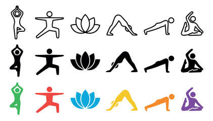 Fototapeta premium Diverse collection of yoga pose and lotus flower icons presented in a clean, modern graphic style with outline, solid black, and vibrant colorful variations