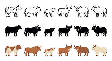 Various types of cattle illustrations in a grid, showcasing different breeds and ages in outline, silhouette, and flat color graphic styles