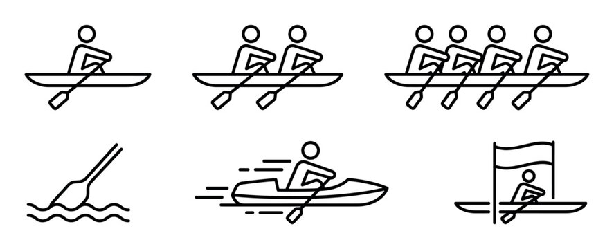 Black outline rowing and kayaking icons set illustrating various water sports activities and competitive racing scenarios in a minimalist style