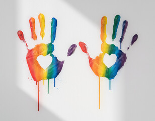 Rainbow LGBT pride painted handprints, diversity, inclusion and respect concept