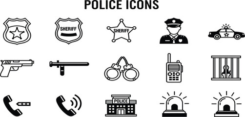 Police Icon Set with Officer, Patrol Car, Handcuffs, Gun, Siren, Radio and Sheriff Badges for Law Enforcement and Security Vector Design © Selim Studio