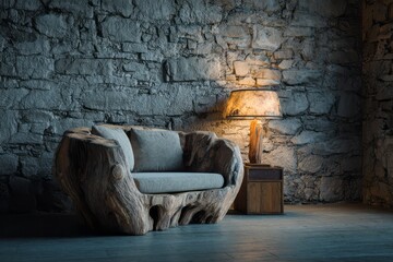 Rustic wooden furniture with a lamp sits against a stone wall.