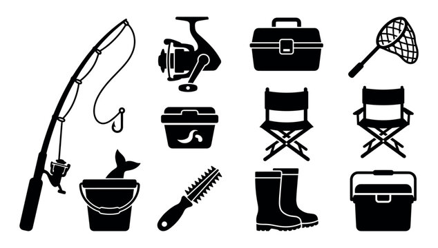 Comprehensive collection of black fishing equipment icons, including a rod, reel, tackle box, net, bait, chair, fish, scaler, boots, and cooler, presented as detailed vector silhouettes