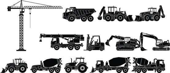 Heavy construction machinery silhouettes collection featuring crane, excavator, loader, cement mixer and industrial vehicles, vector illustration set isolated