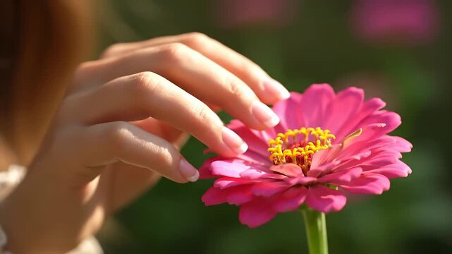 Cinematic 4k close-up of a person gently touching a vibrant pink zinnia flower in a sunlit garden, celebrating spring's beauty