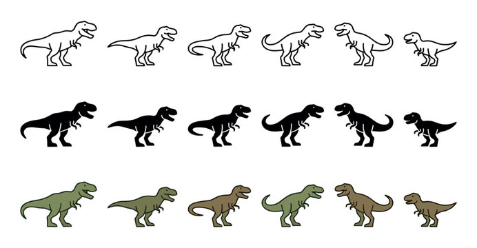 Multiple cartoon Tyrannosaurus Rex dinosaurs are displayed in various outline, solid black silhouette, and colored forms, showcasing different sizes and playful poses