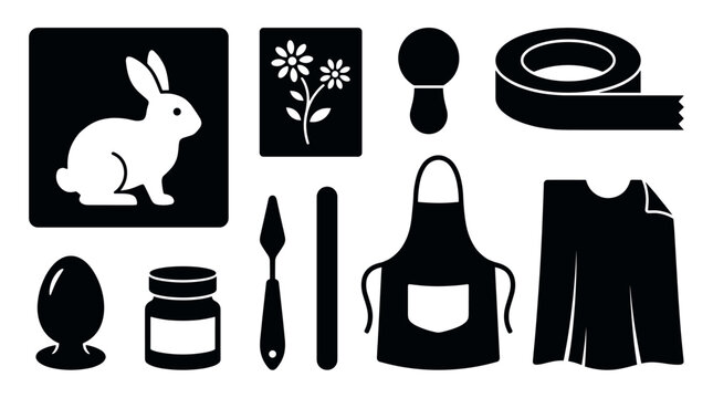 Collection of black silhouette art and craft supplies icons, including a rabbit, floral stencil, paint jar, apron, and various tools, presented in a graphic, illustrative style