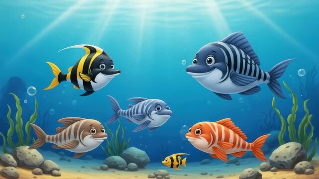 Cartoon Fish Swim In Underwater Scene With Bubbles Seaweed For Educational Materials Childrens Books Showcasing Ocean Life Marine Biodiversity In Colorful Illustration