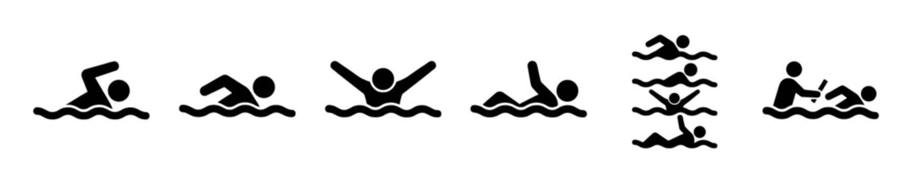 Black silhouette icons of people swimming, floating, and struggling in water, depicting various actions like freestyle, backstroke, and rescue, presented in a clean, graphic style