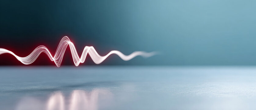 Abstract glowing white wave light trail with reflection on smooth surface against gradient blue background