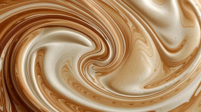 Creamy caramel swirl abstract texture glossy fluid motion with smooth flowing waves and warm indulgent cream swirl