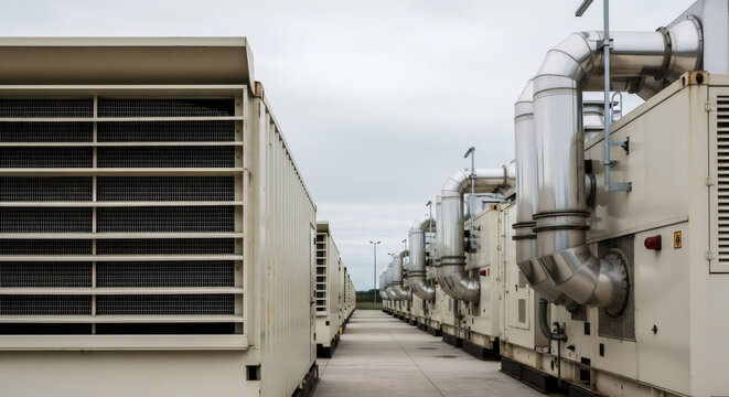 Rows of industrial data center generators and exhaust pipes on a cloudy day. Power infrastructure for big data and server facilities concept.