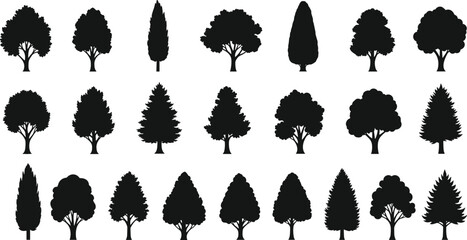 Tree silhouettes collection featuring diverse forest and garden tree shapes in black, isolated on white background, ideal for nature design, landscaping concepts, and eco graphics