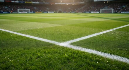Fototapeta premium Soccer Field Corner with Fresh Green Grass in Stadium