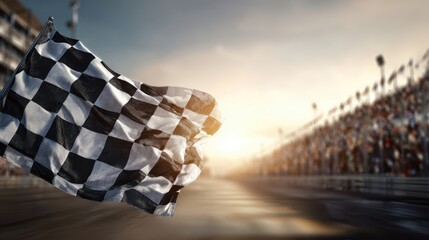 The checkered flag waving over a sunlit racetrack packed with cheering spectators