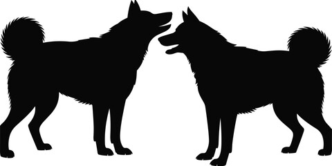Two black siberian husky or alaskan malamute dogs silhouette profile facing each other, fluffy spitz breed canine animal vector for pet store branding design © MdRakib