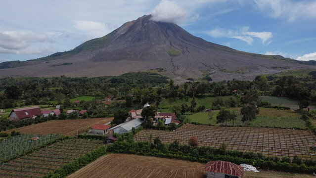 The majestic peak of Mount Sinabung rises above lush farmland and scattered rural homes under a clear blue sky, showcasing the immense power of nature and the resilience of humanity in its shadow.