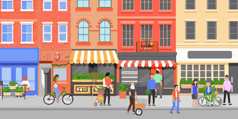 Colorful street scene of shops and people in a bustling city