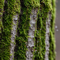 Fototapeta premium A close up view of a tree trunk heavily covered in vibrant green moss