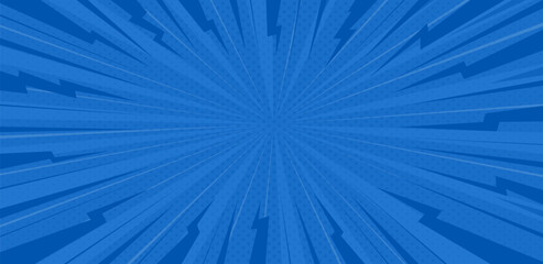 Pop art comic background with lightning. Blue sunburst effect background with halftone. Explosion radial lines abstract comic book, anime style, lightning. © nazarkru