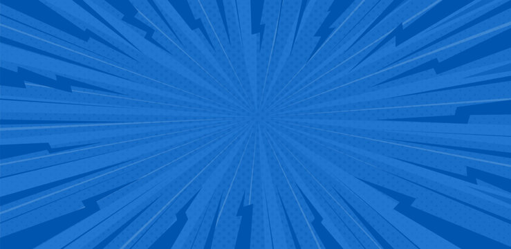 Pop art comic background with lightning. Blue sunburst effect background with halftone. Explosion radial lines abstract comic book, anime style, lightning.